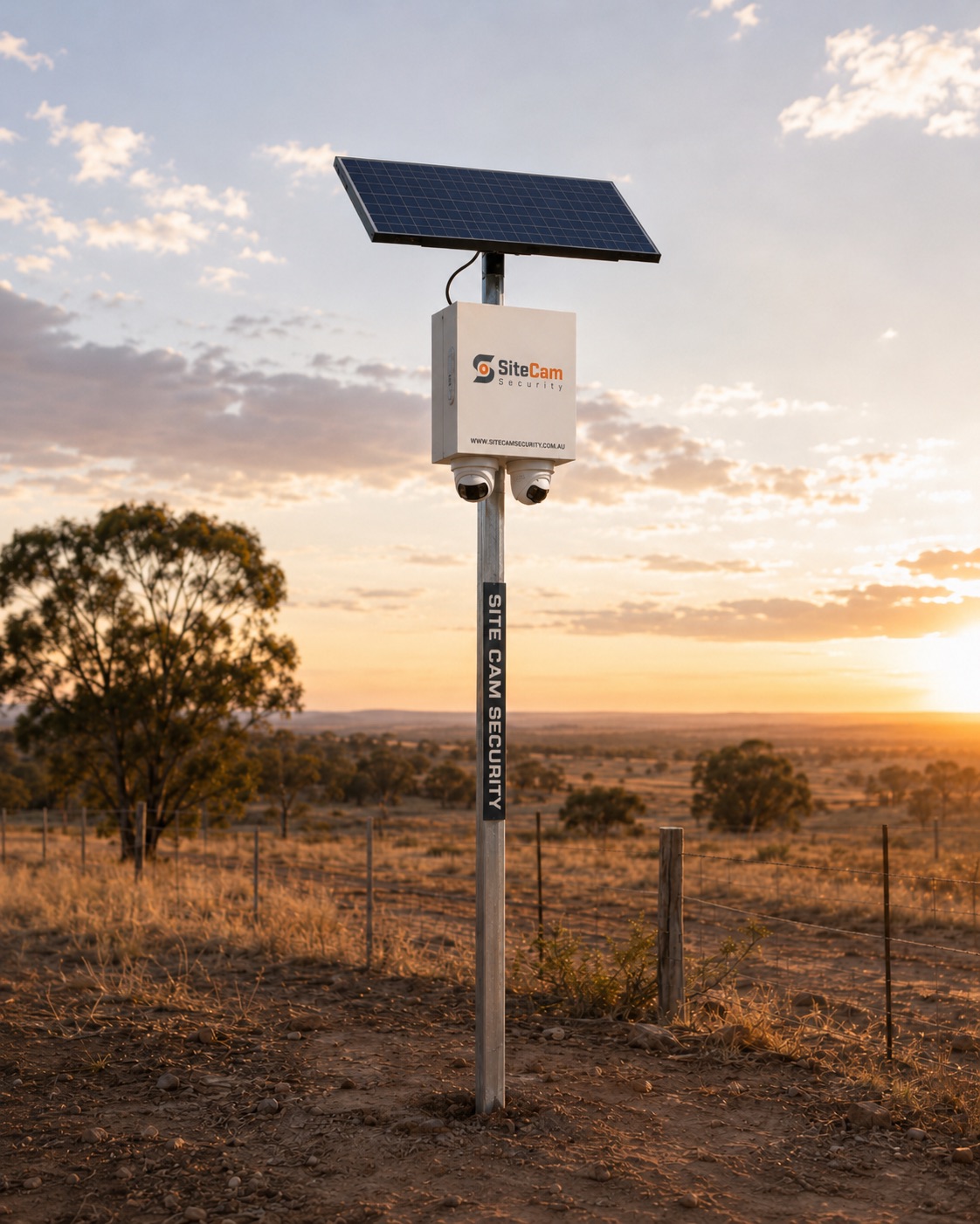 SiteCam Security solar camera on a regional property at sunset