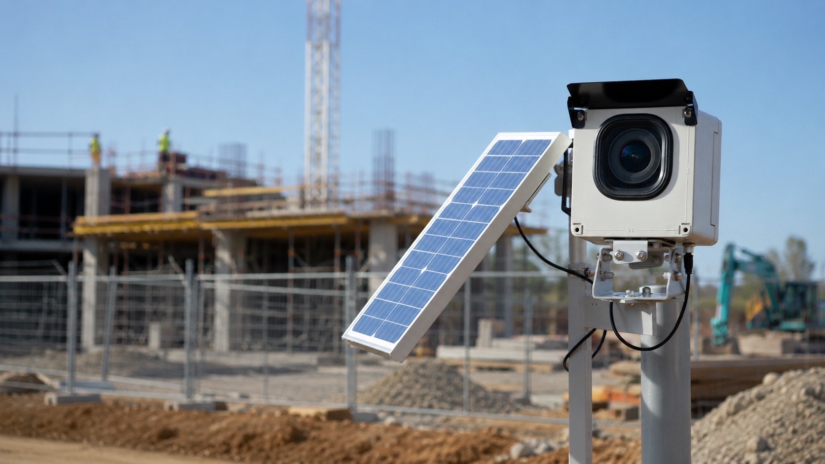 DSLR timelapse camera kit with solar panel overlooking a construction site